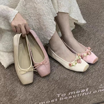 Xajzpa Women Flats Bow Marie Janes Shoes Elegant Wedding Shoes Lolita Dress Square Toe Shoes Designer Walking Shoes Female Zapatos